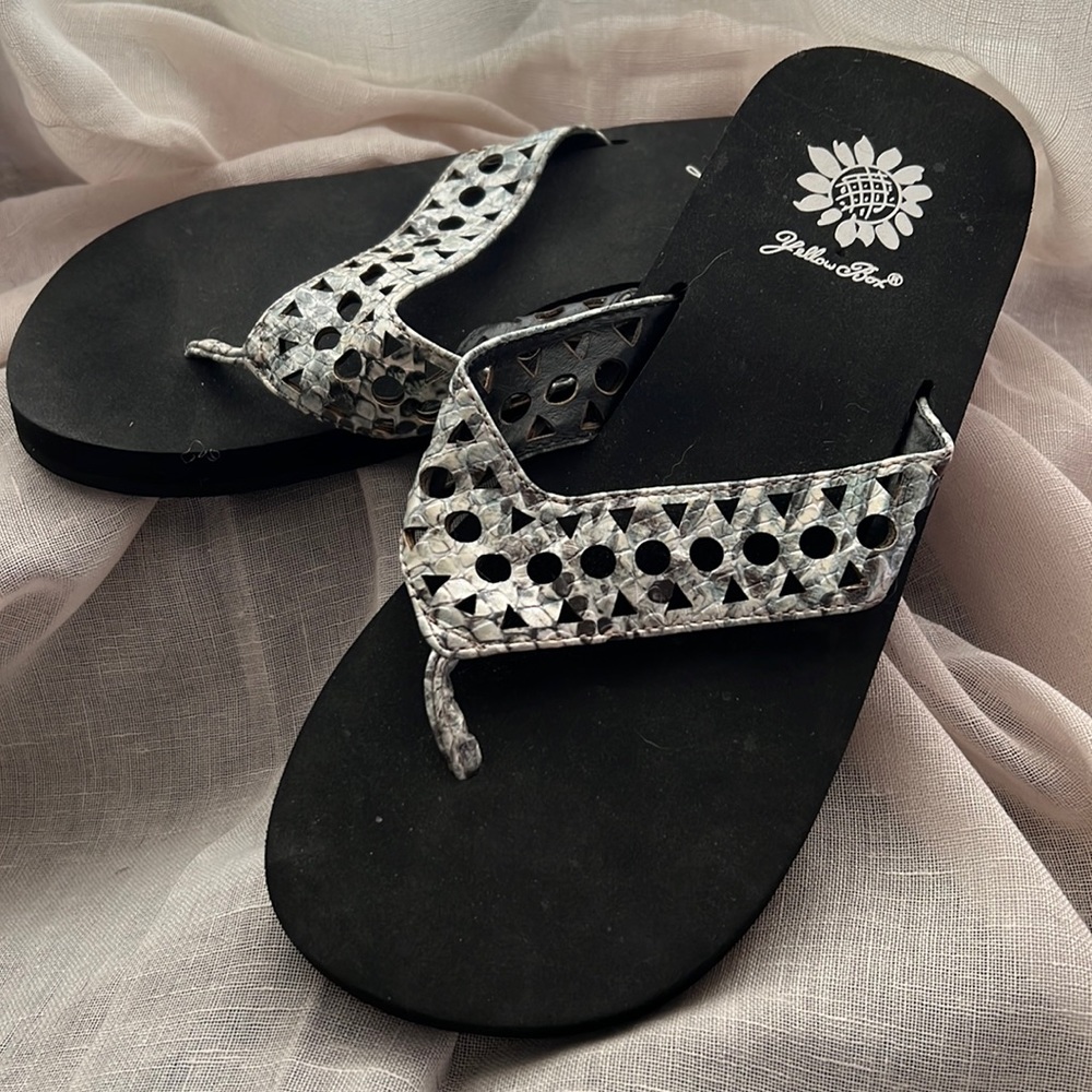 Yellow box flip flops